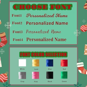 May include: A font and color selection chart for embroidery featuring the text CHOOSE FONT with four styles of the phrase Personalized Name, and FONT COLOR SELECTION with eight thread spools in white, gold, blue, red, gray, pink, black, and green.