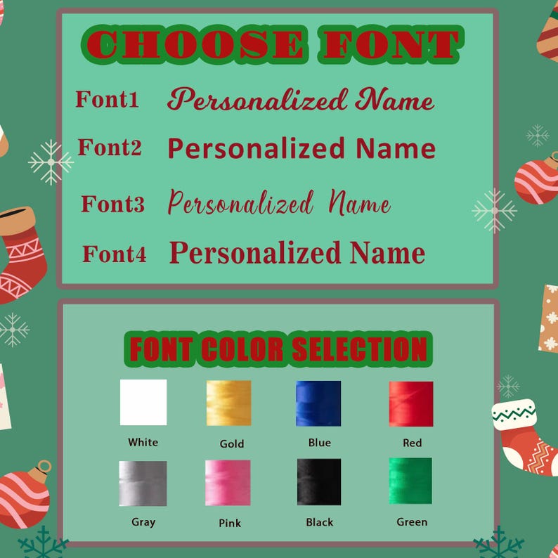 May include: A font and color selection chart for embroidery featuring the text CHOOSE FONT with four styles of the phrase Personalized Name, and FONT COLOR SELECTION with eight thread spools in white, gold, blue, red, gray, pink, black, and green.