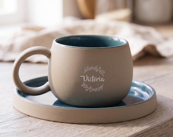 Personalized Ceramic Minimalist Mug, Raw Stoneware Engraved Name Cup with Saucer, Matte Minimalist Newlywed Mug, Unique Father's Day Gift