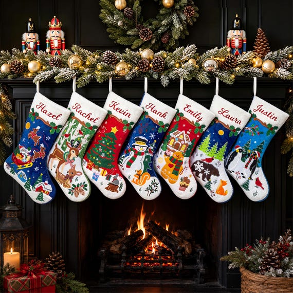 Personalized Christmas Stockings Luxury Vintage Stocking Embroidered Plush Applique Stocking with Name for Holiday Stocking for Family Gifts