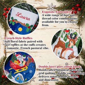 May include: Three circular insets showing Christmas stockings. One features the name Laura in red embroidery, another displays a deer appliqu&eacute;, and the third shows a Santa sleigh scene. Text highlights embroidery, ruffles, and cotton fabric.
