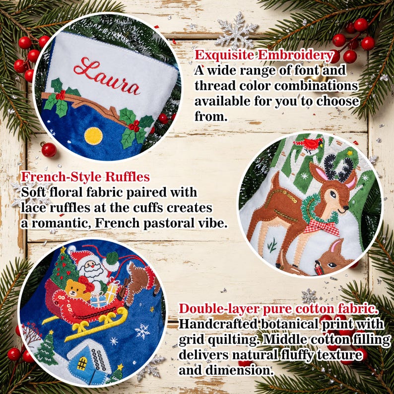 May include: Three circular insets showing Christmas stockings. One features the name Laura in red embroidery, another displays a deer appliqu&eacute;, and the third shows a Santa sleigh scene. Text highlights embroidery, ruffles, and cotton fabric.