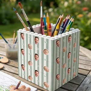 Custom Photo Stripe Building Block Pencil Pot, Personalized Dad and Kid Face Pen Holder, Funny Dad Keepsake, Christmas Gift for Him