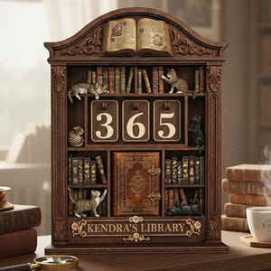 May include: A wooden perpetual calendar shaped like a bookshelf with the text KENDRA'S LIBRARY. It features miniature books, small cat figurines, and three central flip cards displaying the number 365, topped with an open book carving.