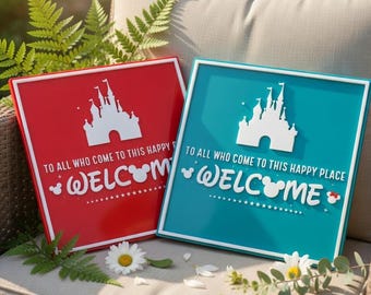 Disney Castle 3D Printed Desk Sign, Welcome To All Who Come To This Happy Place Plaque, Disney Fan Gift, Magic Kingdom Office Home Decor