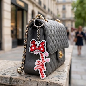 May include: A grey quilted leather handbag with a gold chain strap and clasp. A Minnie Mouse keyring with a red polka dot bow and the words "Minnie Mouse" in red script hangs from the bag.