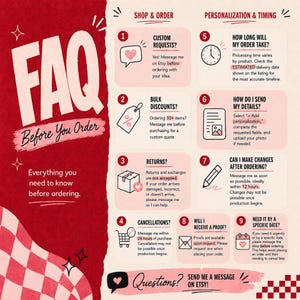 May include: A red and cream FAQ infographic for Etsy shop policies. It features nine numbered sections detailing custom requests, bulk discounts, returns, cancellations, processing times, personalization, order changes, proofs, and urgent delivery dates.