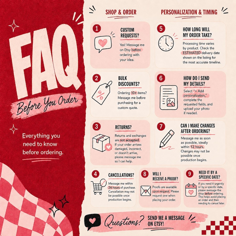 May include: A red and cream FAQ infographic for Etsy shop policies. It features nine numbered sections detailing custom requests, bulk discounts, returns, cancellations, processing times, personalization, order changes, proofs, and urgent delivery dates.