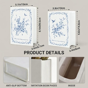 May include: Two white ceramic book-shaped vases with blue floral patterns and birds. The larger vase measures 5.1in by 2.6in by 8.1in, and the smaller vase measures 3.9in by 2.4in by 5.6in. Features include an anti-slip bottom and imitation book pages.
