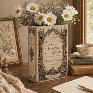 May include: A rectangular ceramic vase shaped like a book, featuring black gothic-style illustrations, floral motifs, and the text A Love Beyond The Realms, Celeste & Damien, September 21, 2026, filled with white daisies and purple wildflowers.