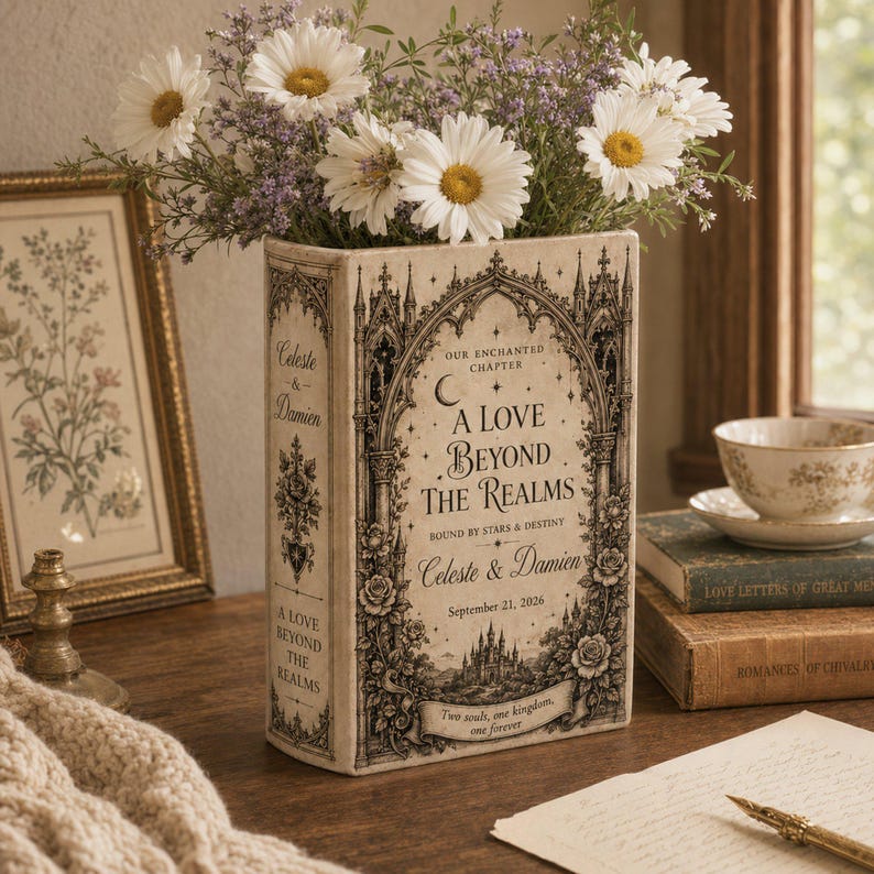 May include: A rectangular ceramic vase shaped like a book, featuring black gothic-style illustrations, floral motifs, and the text A Love Beyond The Realms, Celeste & Damien, September 21, 2026, filled with white daisies and purple wildflowers.