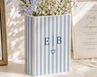Custom Couple Name Striped Book Vase, Personalized Wedding Ceramic Flower Vase, Anniversary Gift, Couple Keepsake, Newlywed Home Decor