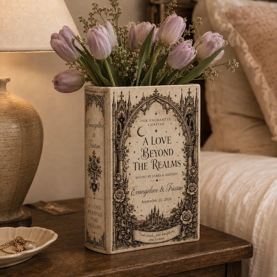Custom Couple Name Fantasy Castle Ceramic Book Vase, Personalized Medieval Gothic Flower Vase, Couple Keepsake, Wedding Gift for Him Her