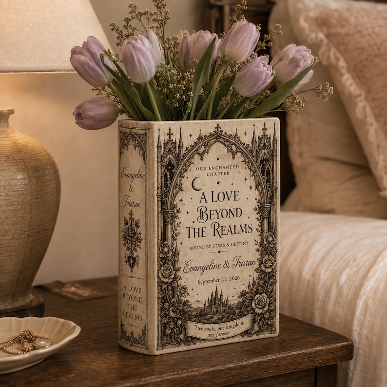 May include: A rectangular ceramic vase shaped like a book, featuring black gothic-style illustrations, floral motifs, and the text "A Love Beyond The Realms," "Evangeline & Tristan," and "September 21, 2026," filled with light purple tulips.