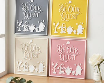 Beauty and the Beast Be Our Guest 3D Printed Desk Sign, Cogsworth Lumiere Mrs. Potts Plaque, Disney Fan Gift, Fairytale Office Home Decor