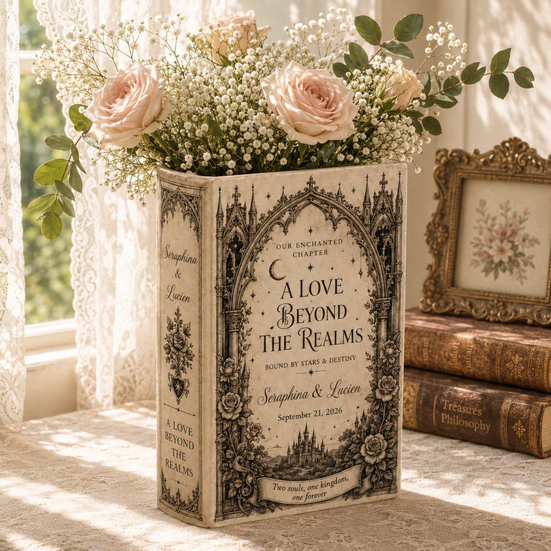 May include: A rectangular book-shaped vase featuring an off-white finish with black gothic-style illustrations, floral motifs, and the text "A Love Beyond The Realms," "Seraphina & Lucien," and "September 21, 2026" printed on the front and spine.