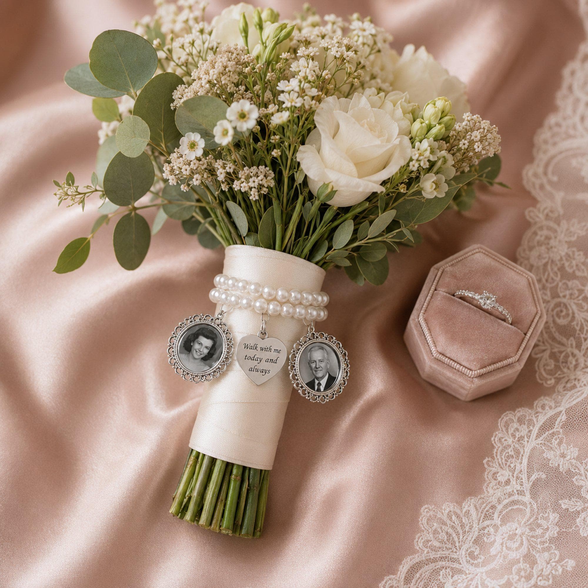 Custom Quote Pearl Bouquet Photo Charm, Personalized Wedding Remembrance Bouquet Charm, Memorial Keepsake, Wedding Day Gift for Bride
