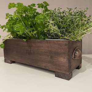 Pode incluir: Uma floreira retangular de madeira tingida escura, cheia de ervas verdes frescas. A caixa tem uma alça de metal e assenta em pequenos pés de madeira. As ervas incluem salsa e tomilho, criando um contraste vibrante.