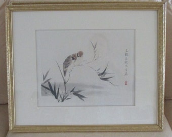 Asian Birds Watercolor Prints Framed & Matted Glass Insert Signed 17 1/2" X 21 1/2" White/Pale Pink Matting Chinese Room Decor Wall Hangings