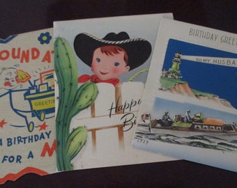 Three Vintage Birthday Cards Men Husband Boys Greeting Card Cowboy Rust Craft Paramount Forget-Me-Not Card Co 1 Unsigned 2 Signed