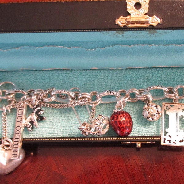 Juicy Couture Charm Bracelet Original Box Packaging Eight Silvertone Charms Vintage Costume Jewelry