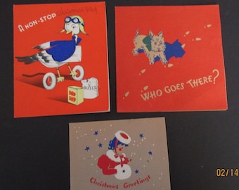 Christmas Cards Made in USA Duck Dog Girl Three Vintage Holiday Greeting Cards Signed Paper Craft Supplies