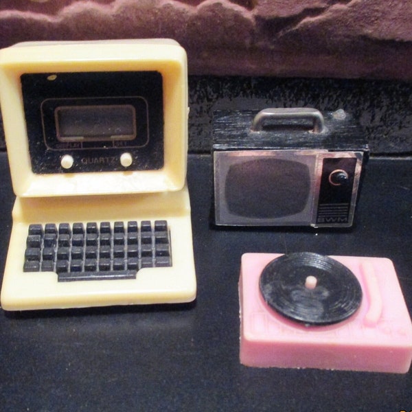 Dollhouse Miniatures Three Vintage Mini Accessories Record Player Portable TV Computer Retro MCM