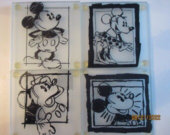 Mickey Mouse Minnie Mouse Glass Coasters Disney Characters Frosted Glass Square Retro Barware Bar Decor