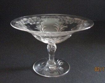 Etched Crystal Compote Candy Dish Pedestal Base Vintage Glassware Home Decor 5 1/4"W X 31/2"T