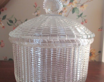 Glass Nantucket Lightship Basket Cannister Lid Scallop Glass Finial Vintage Beach House Decor Storage 6 1/4"W X 7 1/4"T