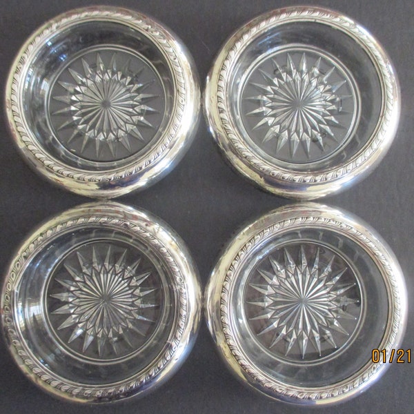 Four Sterling Silver Coaster Set Glass  Bottoms Housewarming Wedding Gifts Dining Entertaining