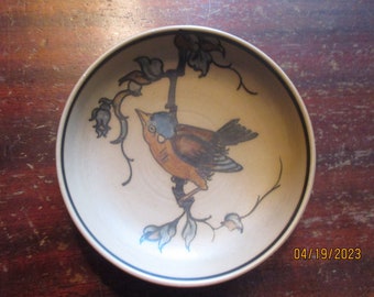 L Hjorth Art Pottery Dish Small Shallow Bowl Bornholm Hand Painted Bird Signed Numbered 36 Vintage Trinket Dishes Small Gifts Collectibles