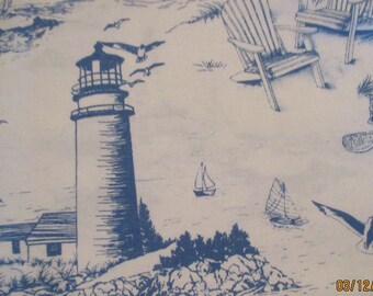 Blue White Cotton Fabric Beach Decor Lighthouse Sailboats Shells Seagulls Moorings By The Sea Marcus Fabrics Pillow Covers  20"L X 44"W