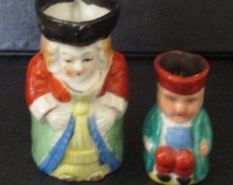 Two Miniature Toby Jugs Made in Occupied Japan Vintage Miniatures Collectibles Hand Painted Porcelain Woman Man