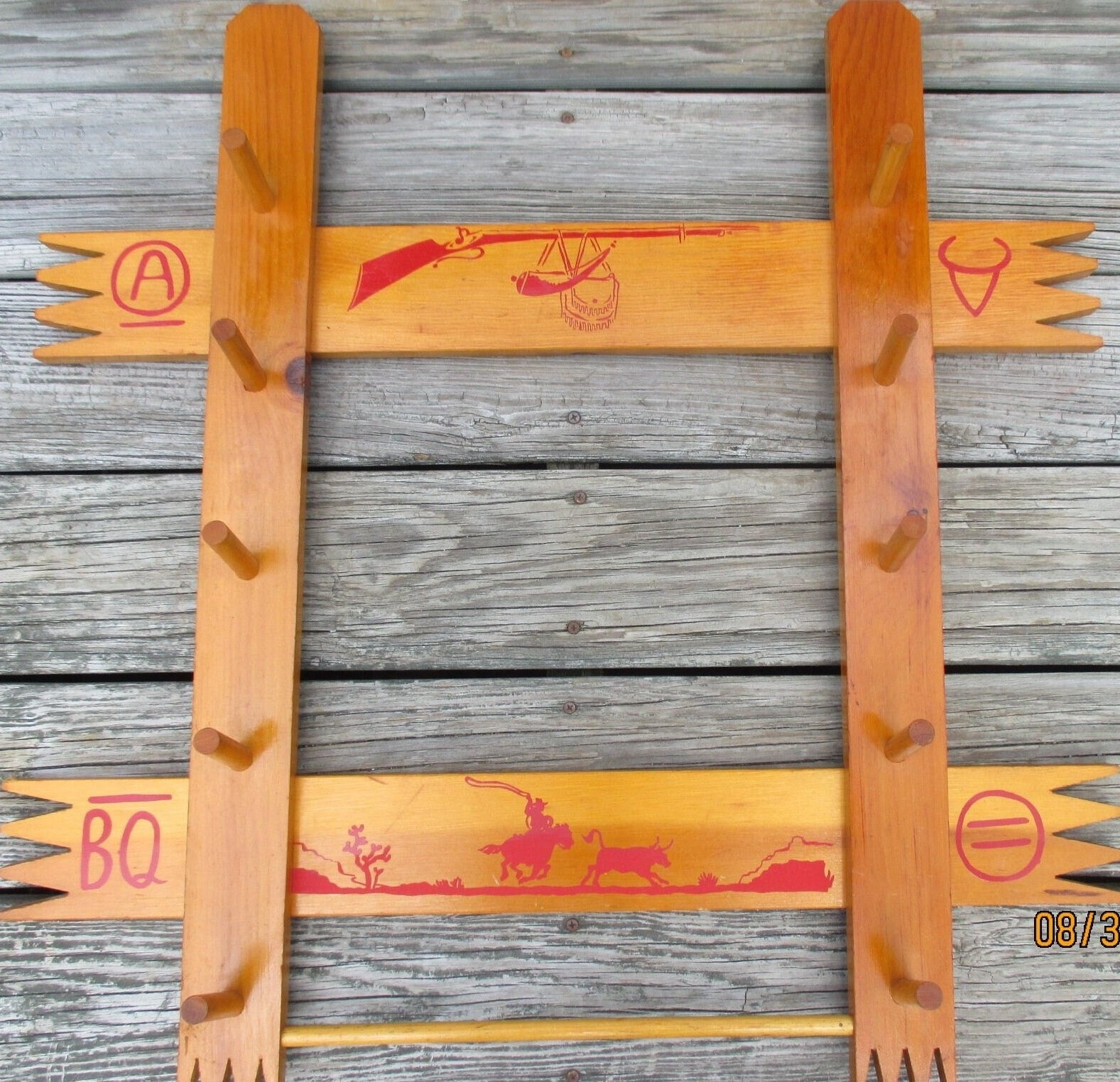 Vintage Wooden Coat Rack Cowboy Wild West Wall Mounted 29 3/4" Wide X 23 1/2" Tall 4 1/4" Projection Boys Room Wall Decor