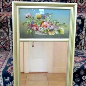 Wall Mirror Reverse Painting Eglomise Hand Painted Flowers Basket Home Decor Silver Wood Frame 19&quot;L X 9 1/2&quot;W