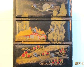 Handmade Japanese Lacquered Miniature Dresser Made in Japan Vintage Wooden Trinket Jewelry Storage Mini Chest of Drawers Asian Gifts