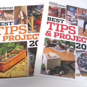 May include: Two magazines titled "Best Tips & Projects 2020" are displayed. The covers feature images of home improvement projects, including woodworking and outdoor landscaping. The "Tips" and "Projects" text is in large orange letters.