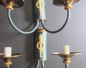 Pair Vintage Wall Sconces Matching Set Green Painted Brass French Style Lighting Decor Movie Set Props