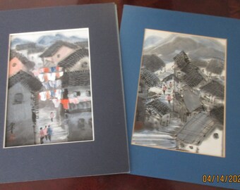 Two Asian Watercolors Original Paintings Chinese Village Neighborhood People China