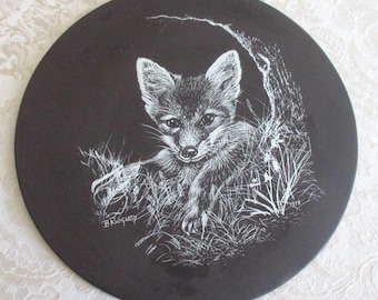 Welsh Slate Fox Cub Woodland Animals Made in Wales Braccante Crafts Round Slates Home Decor Gifts Shelf Wall Decor Vintage