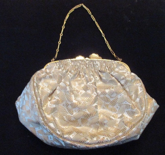 Brocade Evening Bag Gold Wrist Chain Strap Vintag… - image 1