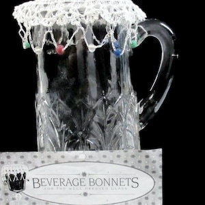 Vintage MacBeth-Evans Crystal Leaf Glass Pitcher with Beaded Cotton Bonnet