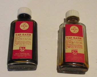 Tar Bath AR-EX Cosmetics Inc Two Vintage Glass Bottles Junper Tar White Plastic Caps Skin Condition Remedies