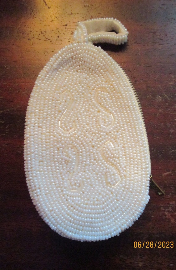 White Beaded Coin Purse Hand Stitched Pouch Bridal