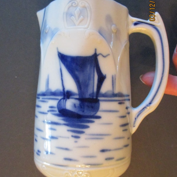 Vintage Blue and White Decorative Jug Porcelain Pitcher Sailboat Made in Germany Delft Style Mother's Day Incised Numbered 7845 1 1/2 Pts.