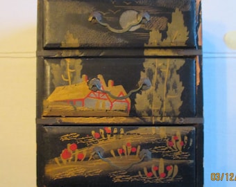 Handmade Japanese Lacquered Miniature Dresser Made in Japan Vintage Wooden Trinket Jewelry Storage Mini Chest of Drawers
