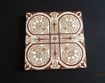 Antique Brown Transferware Tile Vintage Ceramic Trivet Tiles Aesthetic Movement Wall Table Decor