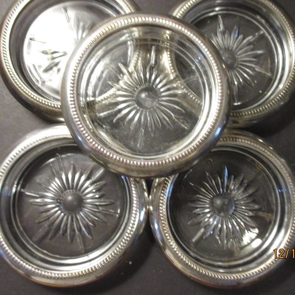 Five Silverplate Leonard Coasters Made in Italy Glass Base Vintage Barware Drinks Dining Entertaining