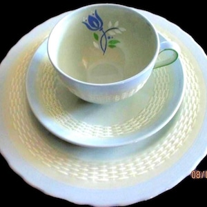 Minton Chinese Celadon Ceramic Dishes Plates Cups Saucers Blue Basket Weave Made in England Dining Entertaining Open Stock